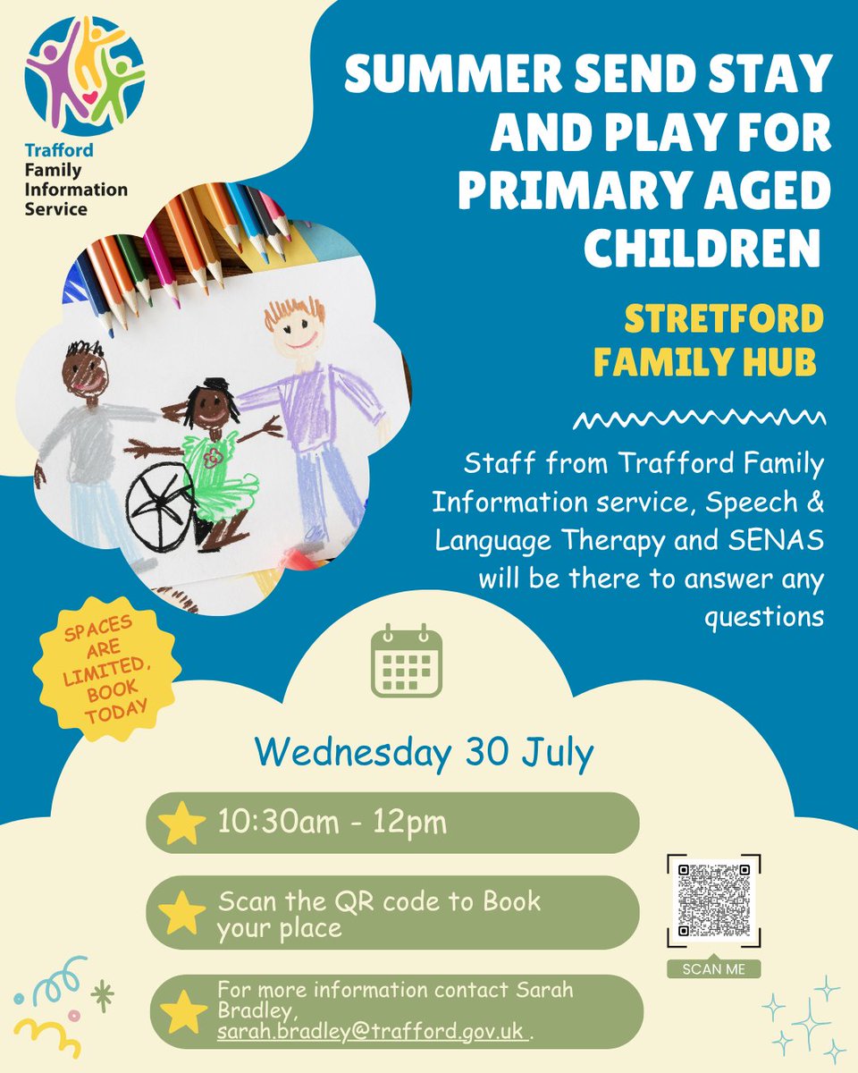 TraffordFIS's tweet image. 🌞 Join us for Summer SEND Stay and Play at Stretford Family Hub on July 30th, 10:30 AM - 12 PM! 🎉 For children on the autism spectrum or with learning disabilities holding an EHCP or SEN plan. Enjoy sensory toys & outdoor fun! Limited spaces—book here 👇 ow.ly/eyck50WtekS