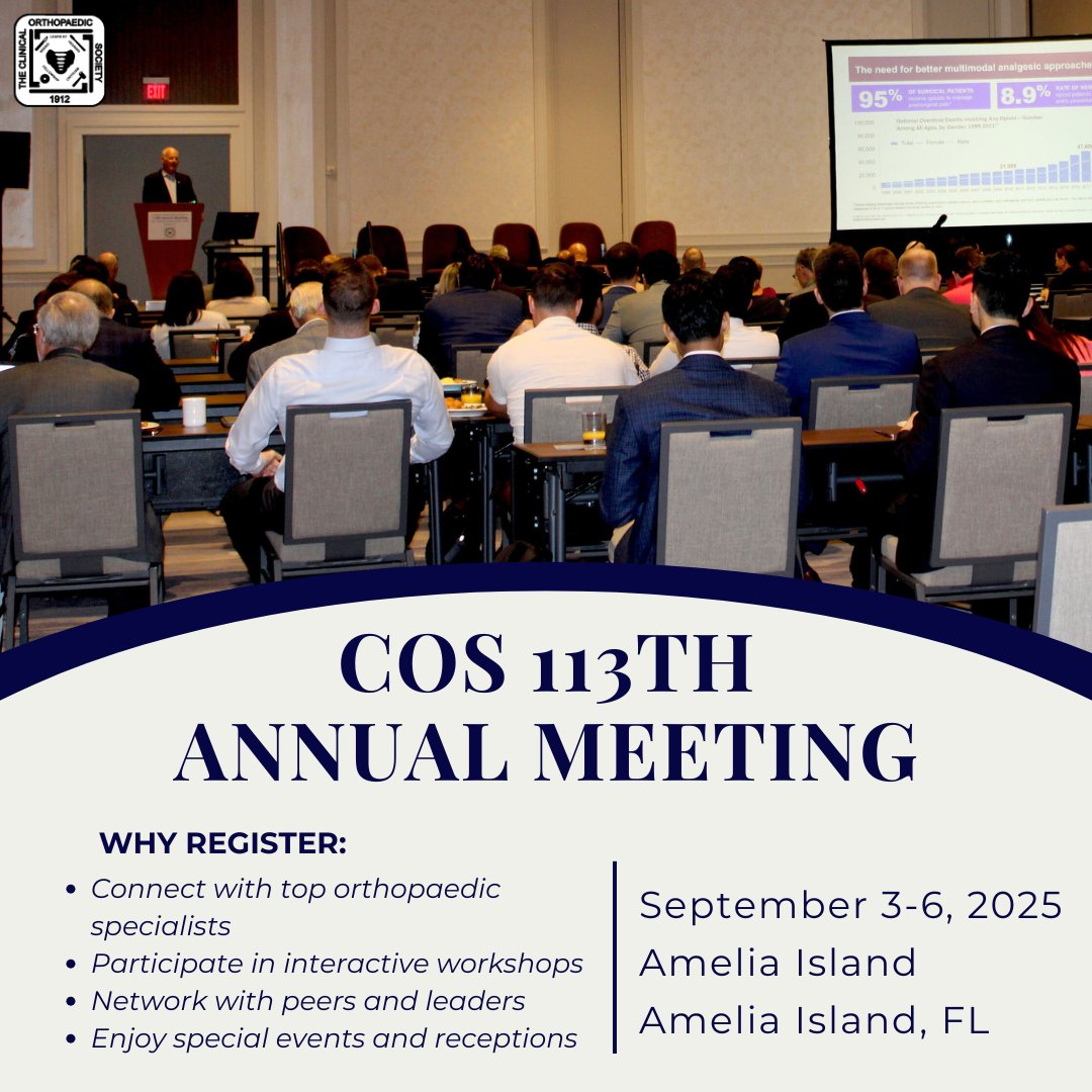 ClinicalOrtho1's tweet image. Something exciting is happening in Amelia Island… and you need to be there. Join us for the COS Annual Meeting — where breakthroughs happen and beach views are the backdrop! Sign up today: zurl.co/MbL3c . #COS2025 #Orthopaedics #Ortho #OrthoConference