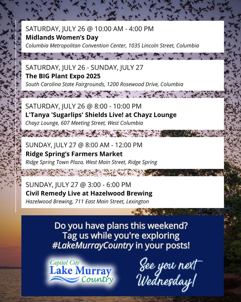LakeMurrayCtry's tweet image. It's time to #planyourweekend! Visit buff.ly/bkLE3Yr to view what's happening in the region!
🎥 Check us out on @sodacityliving every other week!
📸 Purple Martin Phenomenon | Lake Murray, SC
#TopSouthernDestination #LakeMurrayCountry #PlanYourWeekend