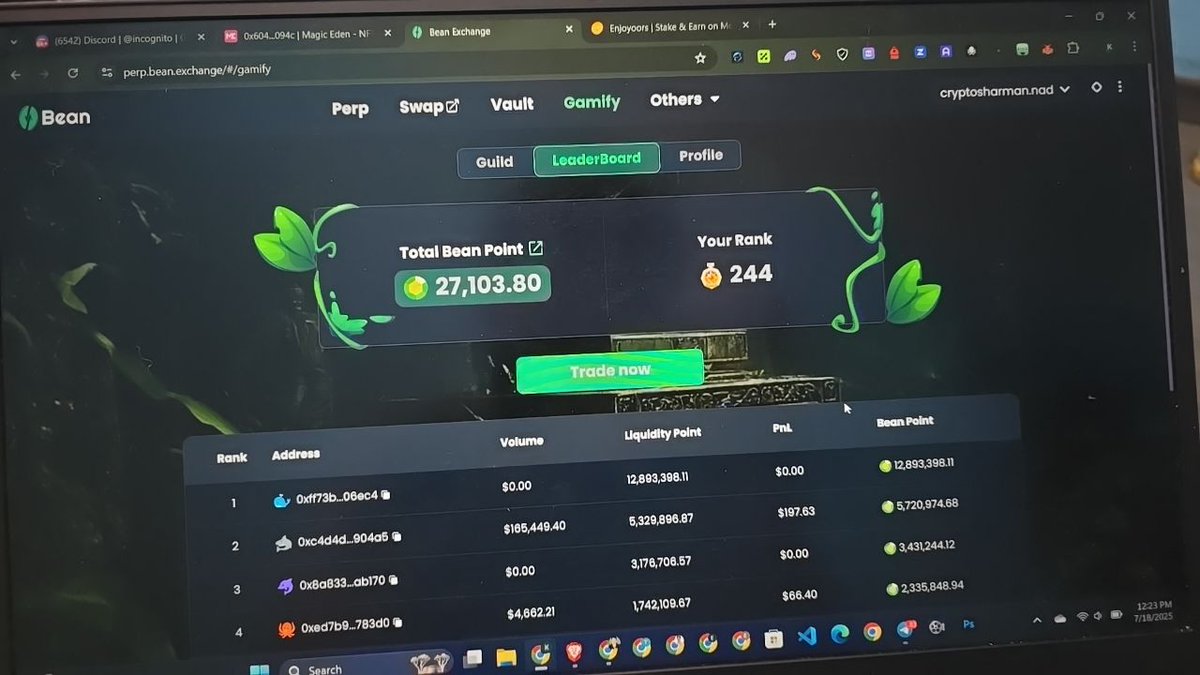 Crypto Sharma (@lamki2061) on Twitter photo Day 7 of exploring the <a href="/monad/">Monad ⨀</a> Dapp ecosystem — today’s focus: <a href="/Bean_DEX/">Bean Exchange</a> 👇
Currently sitting at rank 244 on the Beandex Points leaderboard. Grinding daily. 💪
<a href="/Bean_DEX/">Bean Exchange</a> is a decentralized exchange on Monad, offering spot + perp trading with CEX-level speed, low fees, and full Day 7 of exploring the <a href="/monad/">Monad ⨀</a> Dapp ecosystem — today’s focus: <a href="/Bean_DEX/">Bean Exchange</a> 👇
Currently sitting at rank 244 on the Beandex Points leaderboard. Grinding daily. 💪
<a href="/Bean_DEX/">Bean Exchange</a> is a decentralized exchange on Monad, offering spot + perp trading with CEX-level speed, low fees, and full