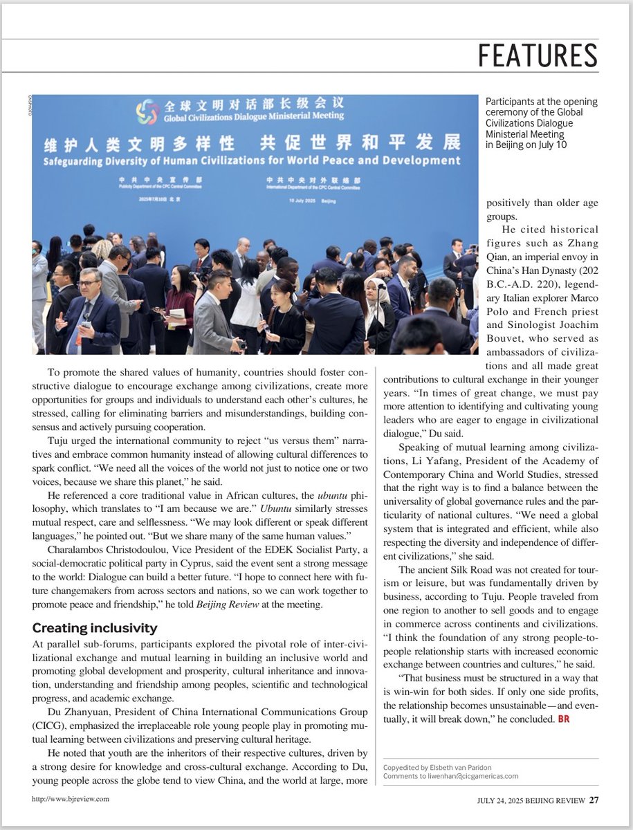 BeijingReview's tweet image. #BeijingReview "The world is, in nature, a place of diverse civilizations."
At the Global Civilizations Dialogue in Beijing, participants from 140+ countries and regions echoed a shared belief: dialogue, not division, is key to global peace. bjreview.com/World/202507/t…