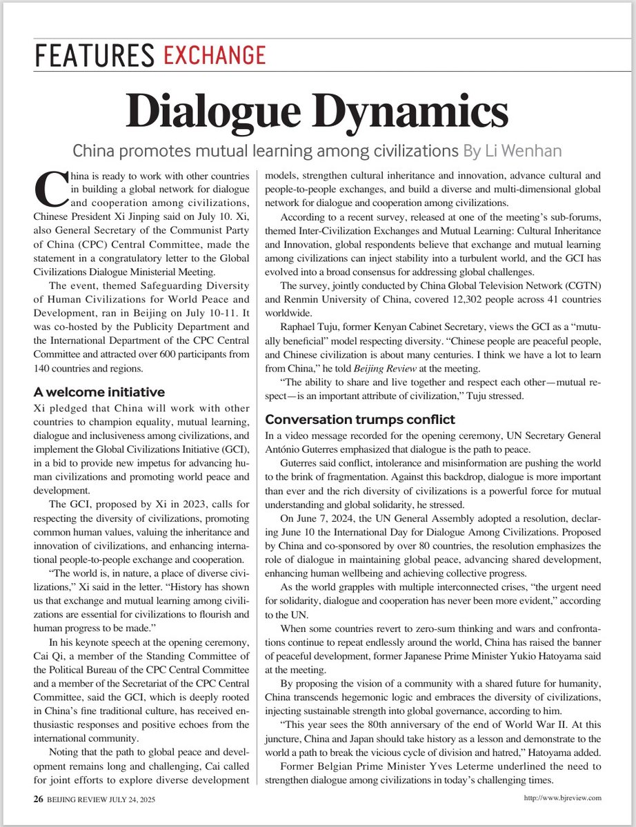 BeijingReview's tweet image. #BeijingReview "The world is, in nature, a place of diverse civilizations."
At the Global Civilizations Dialogue in Beijing, participants from 140+ countries and regions echoed a shared belief: dialogue, not division, is key to global peace. bjreview.com/World/202507/t…