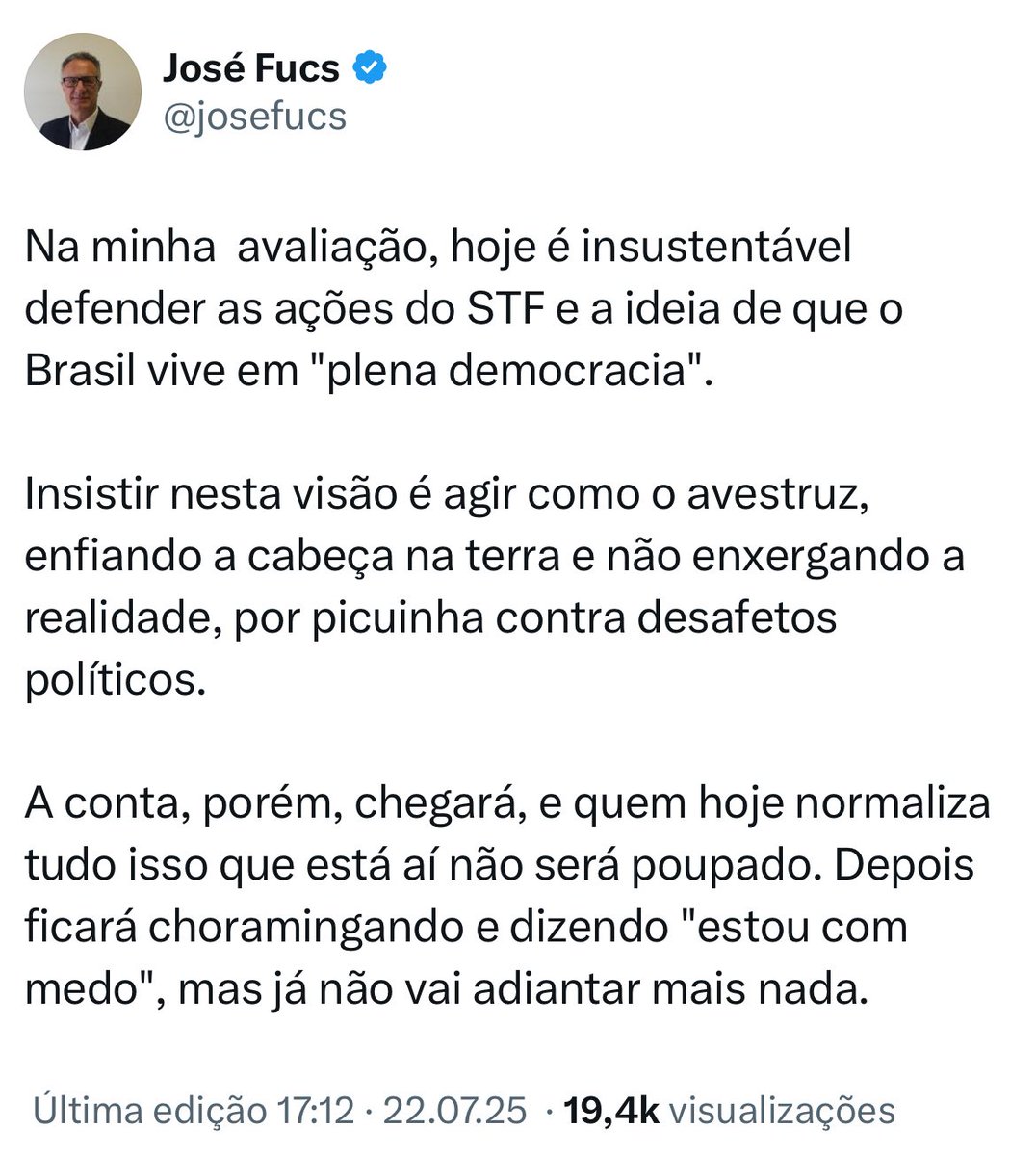 Ora, ora! Mas quer dizer então que o jornalista do Estadão que deu início a toda perseguição que a direita sofre no Brasil. O sujeito que elaborou listinha fascista de uma tal e inexistente “milícia digital”, colocando uma estrela na testa de inúmeros inocentes - que cometeram o