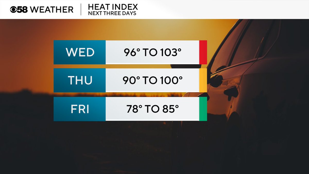 JustinTGee's tweet image. Today looks like the hottest day with feels like temps hovering in the upper 90s and low 100s. tomorrow looks a bit better with feels like temps in the 90s to around 100 then we get some brief relief on Friday.
