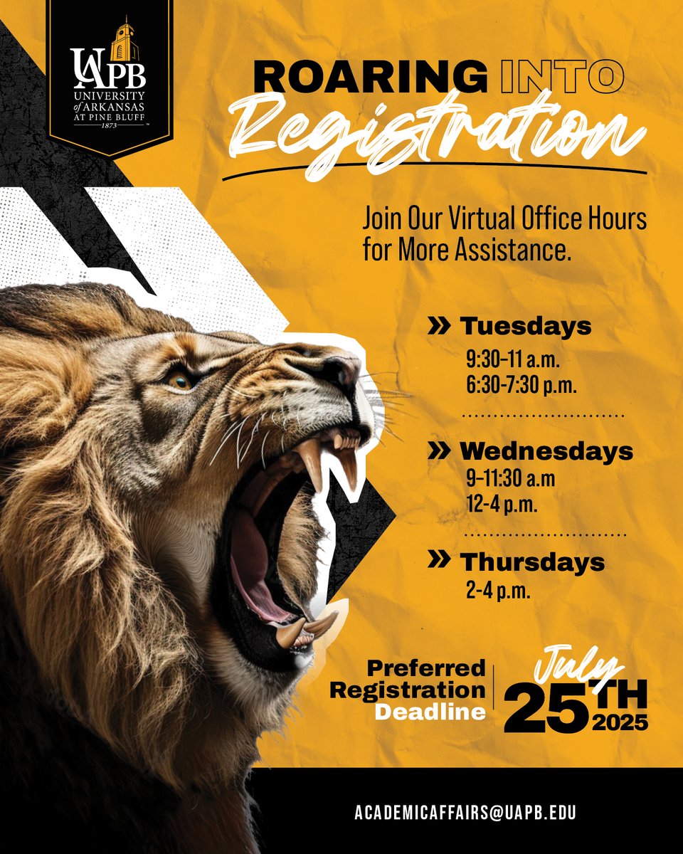 UAPB Official (@uapbinfo) on Twitter photo The deadline to register is approaching! Let us help you make your schedule for the fall semester-- email AcademicAffairs@UAPB.edu to get an appointment and get set for the fall semester.
#DearMother
#UAPB The deadline to register is approaching! Let us help you make your schedule for the fall semester-- email AcademicAffairs@UAPB.edu to get an appointment and get set for the fall semester.
#DearMother
#UAPB