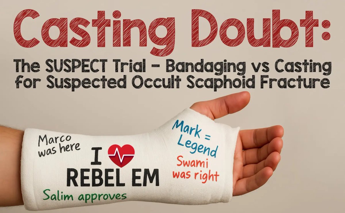 REBEL__EM's tweet image. 🚫 Routine casting for all snuffbox tenderness?
🩹 The SUSPECT Trial says… maybe not.
Bandaging was noninferior for occult scaphoid fx w/ better ROM + satisfaction.
📖 wp.me/pdrP8b-5nC
@marco_propersi @EMSwami @MRamzyDO @srrezaie
#FOAMed #medtwitter #MedX