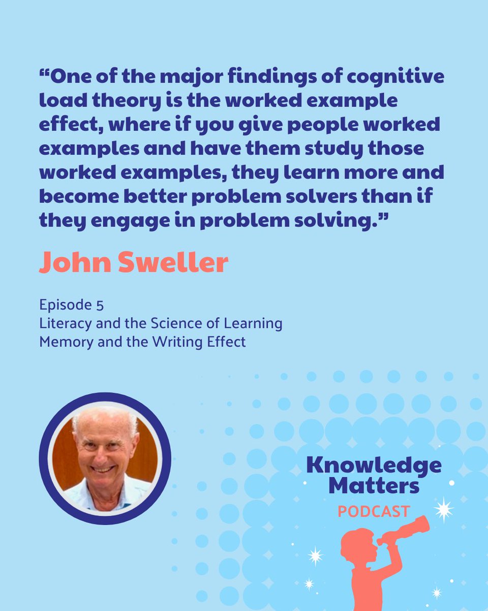 KnowledgeMatrs's tweet image. 🚧The Worked Example Effect🚨
In Ep. 5 of the #KnowledgeMatters Podcast you’ll hear @natwexler and John Sweller discuss the findings of The Worked Example Effect!
✅Studying exemplars + worked examples produces BETTER problem solvers than ❌simply engaging in problem solving!🤯