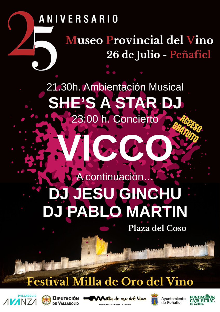 🍇✨ ¡El Museo Provincial del Vino cumple 25 años y lo vamos a celebrar por todo lo alto!

El próximo 26 de julio, la Plaza del Coso de Peñafiel se transforma en escenario de una gran fiesta donde el vino, la música y la emoción serán los protagonistas.

🎤 <a href="/vicco_music/">V I C C O</a>  en