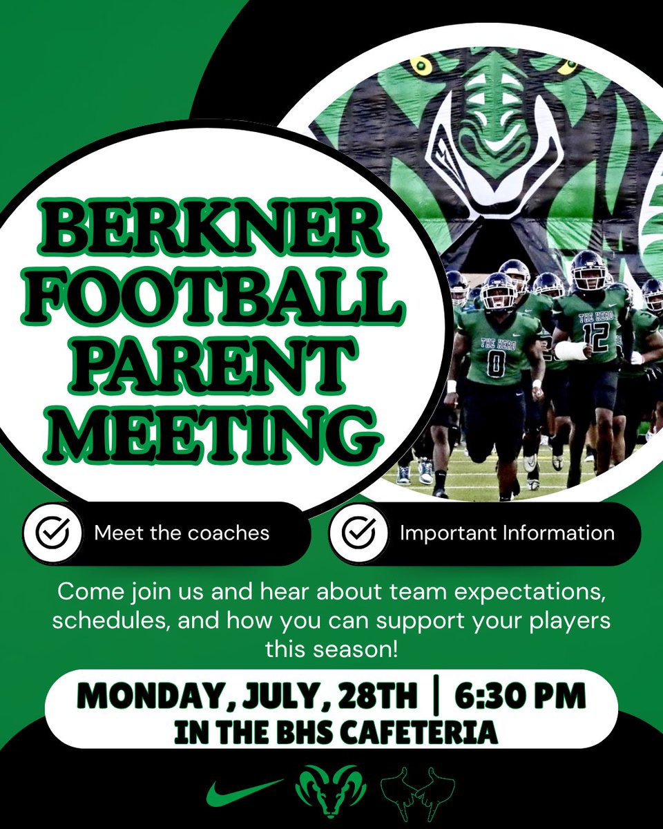🚨Announcement🚨 
Mandatory Parent Meeting Monday, July 28th in the BHS Cafeteria. We can’t wait to see you all there! #ProtectTheBrand #HERD #RAMily
