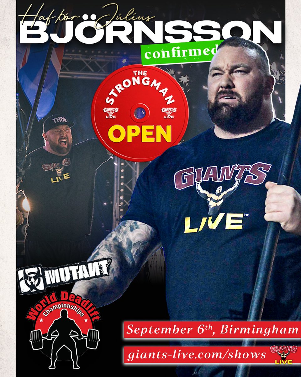 GiantsLiveWSM's tweet photo. 𝐓𝐇𝐄 𝐑𝐄𝐓𝐔𝐑𝐍 𝐎𝐅 Hafþór Júlíus Björnsson

THOR IS MAKING HIS RETURN TO GIANTS LIVE THIS SEPTEMBER AT THE STRONGMAN OPEN &amp; MUTANT WORLD DEADLIFT CHAMPIONSHIPS 2025 ‼️ 

🗓️ September 6th | @UtilitaArenaBHM 
🎟️ Tickets are still available at https://t.co/nogSAjovih https://t.co/3KcRZXm6tI