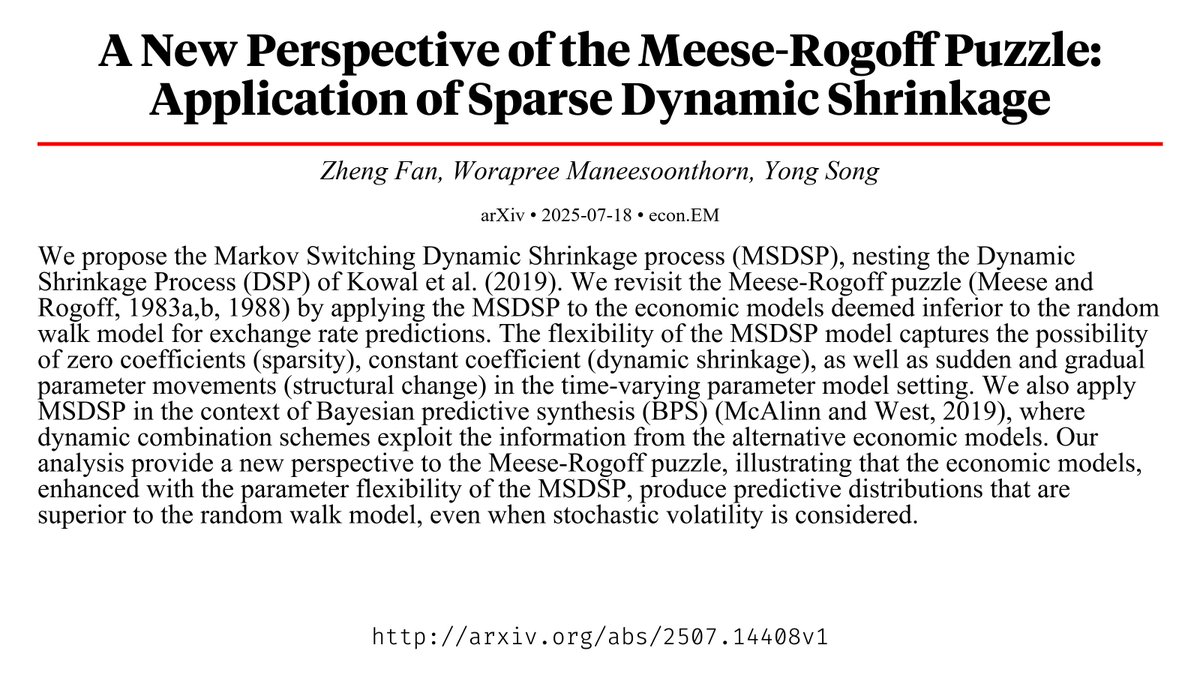 CapybaraPapers's tweet image. A New Perspective of the Meese-Rogoff Puzzle: Application of Sparse Dynamic Shrinkage arxiv.org/abs/2507.14408…