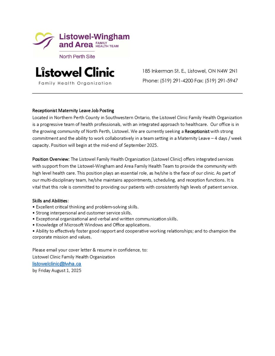 LWAFHT's tweet image. Job Opportunity at the Listowel Clinic!