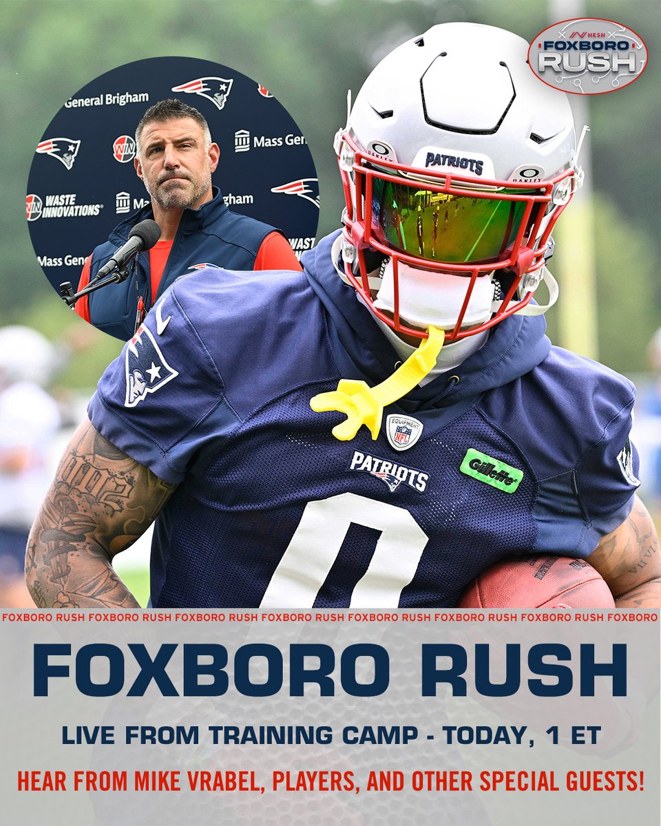 NESN's tweet image. Join us TODAY at 1 ET for Foxboro Rush LIVE from @patriots training camp!
Get all the reactions from Coach Vrabel, players, and other special guests right here on NESN's X, our YouTube, or NESN Nation 📺
@GeorgeBalekji | @TheSportsKase