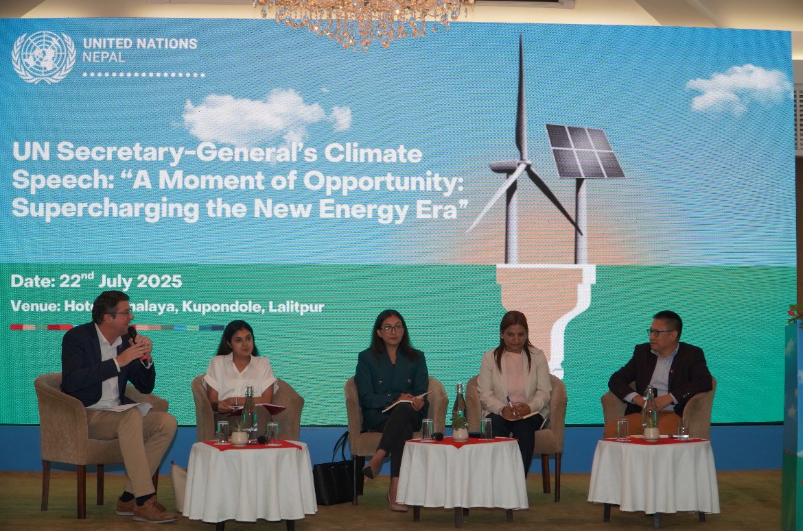 JulienPRChev's tweet photo. A powerful call from @antonioguterres. Honored to have facilitated on this occasion a panel on how this connects with realities in 🇳🇵, w/ special focus on role of youth in energy transition, blended finance solutions and policies needed to refine business models and scale them. https://t.co/qTBJbEJtFe