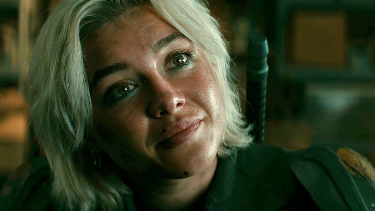 hellopugh's tweet image. yelena belova smile count in thunderbolts:
-when she sees the guinea pig
-lovingly at bob multiple times
-seeing john fall on his ass
-being named a new avenger