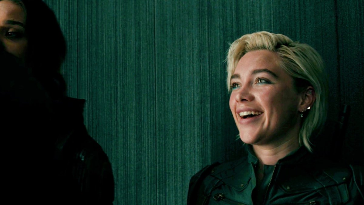 hellopugh's tweet image. yelena belova smile count in thunderbolts:
-when she sees the guinea pig
-lovingly at bob multiple times
-seeing john fall on his ass
-being named a new avenger