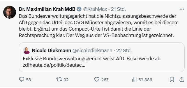 KreuzAcht's tweet image. Weil gerade so mancher AfDler die Zurückweisung der AfD-Beschwerde durch das Bundesverwaltungsgericht nicht versteht oder so tut, als verstände er es nicht (klasse Diskussionsstrategie übrigens🤣)...
PS: Der Weg, den Krah meint, ist der Verzicht u.a. auf "Remigration".