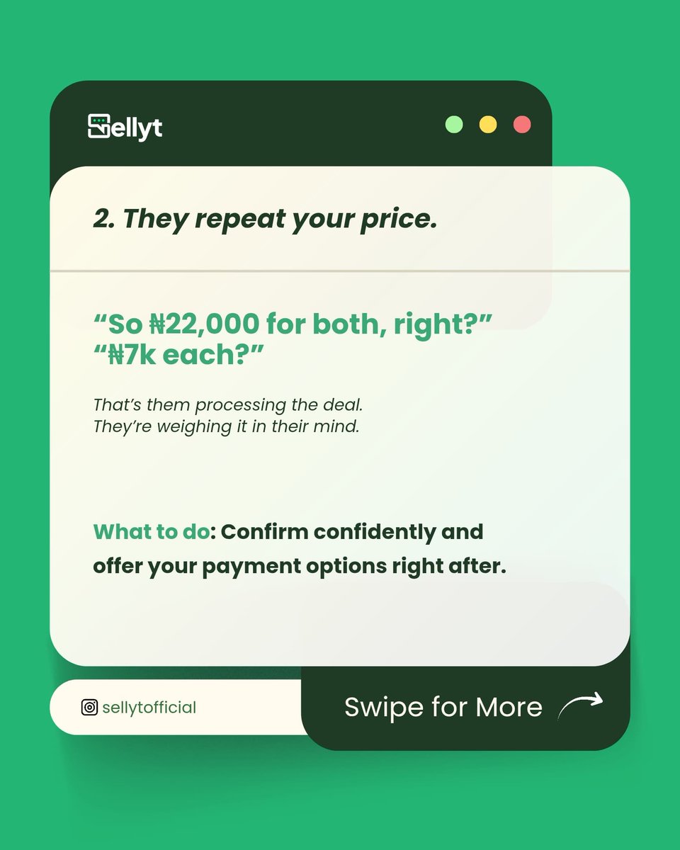 sellytofficial's tweet photo. Not every DM is just vibes. Some are signals.
3 signs a buyer is ready to pay:
1. They ask how to pay
2. They confirm price or delivery
3. They say “I’ll pay now”
#NaijaBusinessTips #SalesSignals #DMMarketing #SmallBizLife #entrepreneurtips https://t.co/qgWkXhBm8i