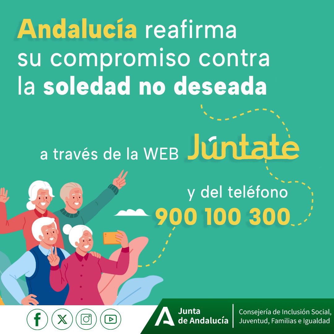 loleslopez's tweet image. El #CGobAND ha tomado conocimiento de juntate.es y el teléfono 900 100 300
Esta herramienta busca garantizar una vida autónoma y activa a nuestros mayores, ofreciendo apoyo emocional, fomentando la participación y facilitándoles el acceso a los recursos en Andalucía