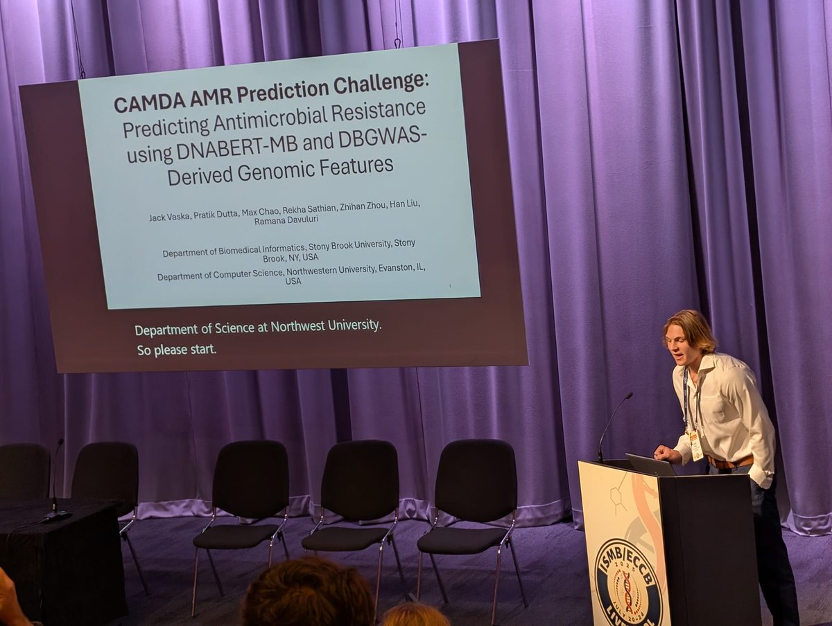 Jack Vaska (Stony Brook Univ) applies LLMs to #AMR prediction at #CAMDA25: Fine-tuned DNABERT2 models + DBGWAS identify resistance-linked sequences across 9 pathogens &amp; 4 antibiotics. Results show high accuracy, showcasing the power of deep sequence context in AMR genomics.