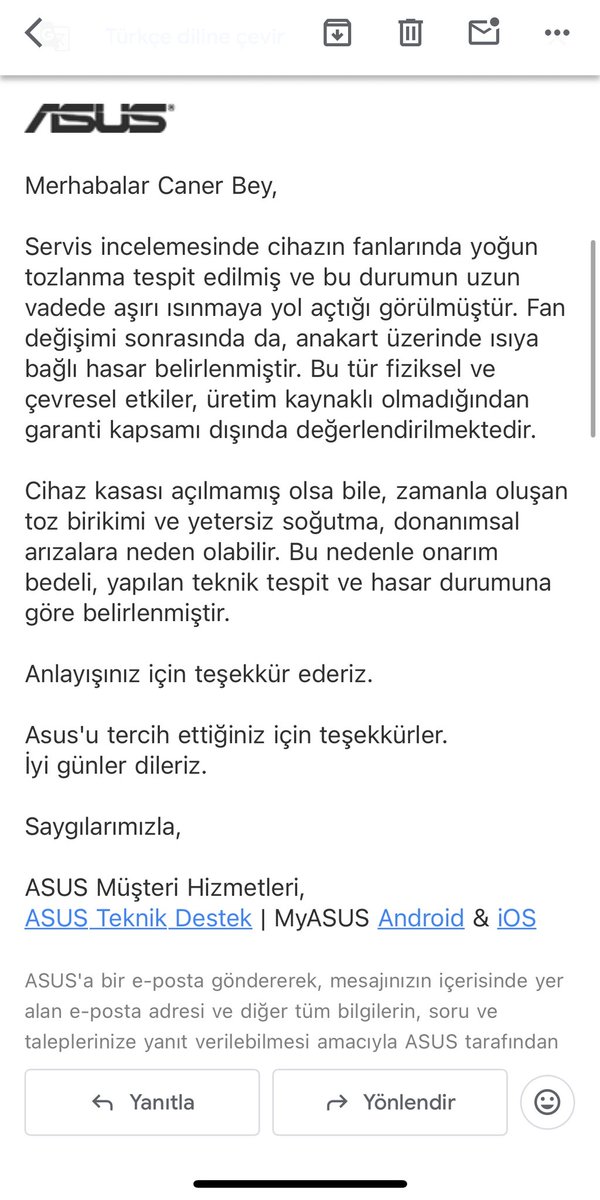cnrmry_MD's tweet photo. Asus ürün ve hizmet kalitesine güvenerek aldığım laptop un garantisi devam ederken anakartı bozuldu. Garanti kapsamına alamayacaklarını belirttiler. Asus’tan gelen cevap ektedir. Lütfen güvenimizi boşa çıkarmayın, müşteriyi mağdur etmeyin. @buckberi @ASUS @ASUSTR https://t.co/LDGwwz15Zn