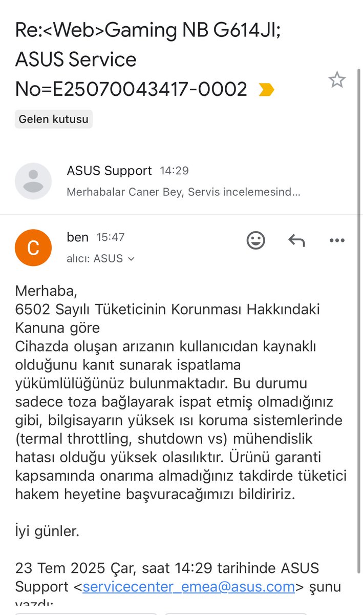 cnrmry_MD's tweet photo. Asus ürün ve hizmet kalitesine güvenerek aldığım laptop un garantisi devam ederken anakartı bozuldu. Garanti kapsamına alamayacaklarını belirttiler. Asus’tan gelen cevap ektedir. Lütfen güvenimizi boşa çıkarmayın, müşteriyi mağdur etmeyin. @buckberi @ASUS @ASUSTR https://t.co/LDGwwz15Zn