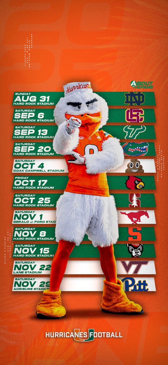 It's that time of year again! The season opener is approaching, so here's our 2025 Schedule Phone Wallpaper 🔥

Optimized for iPhone 16 Pro Max.

Download free here 👇
aboutthefans.com/products/2025-…

#AboutTheFans #RepWithUs #TailgateSzn #GoCanes