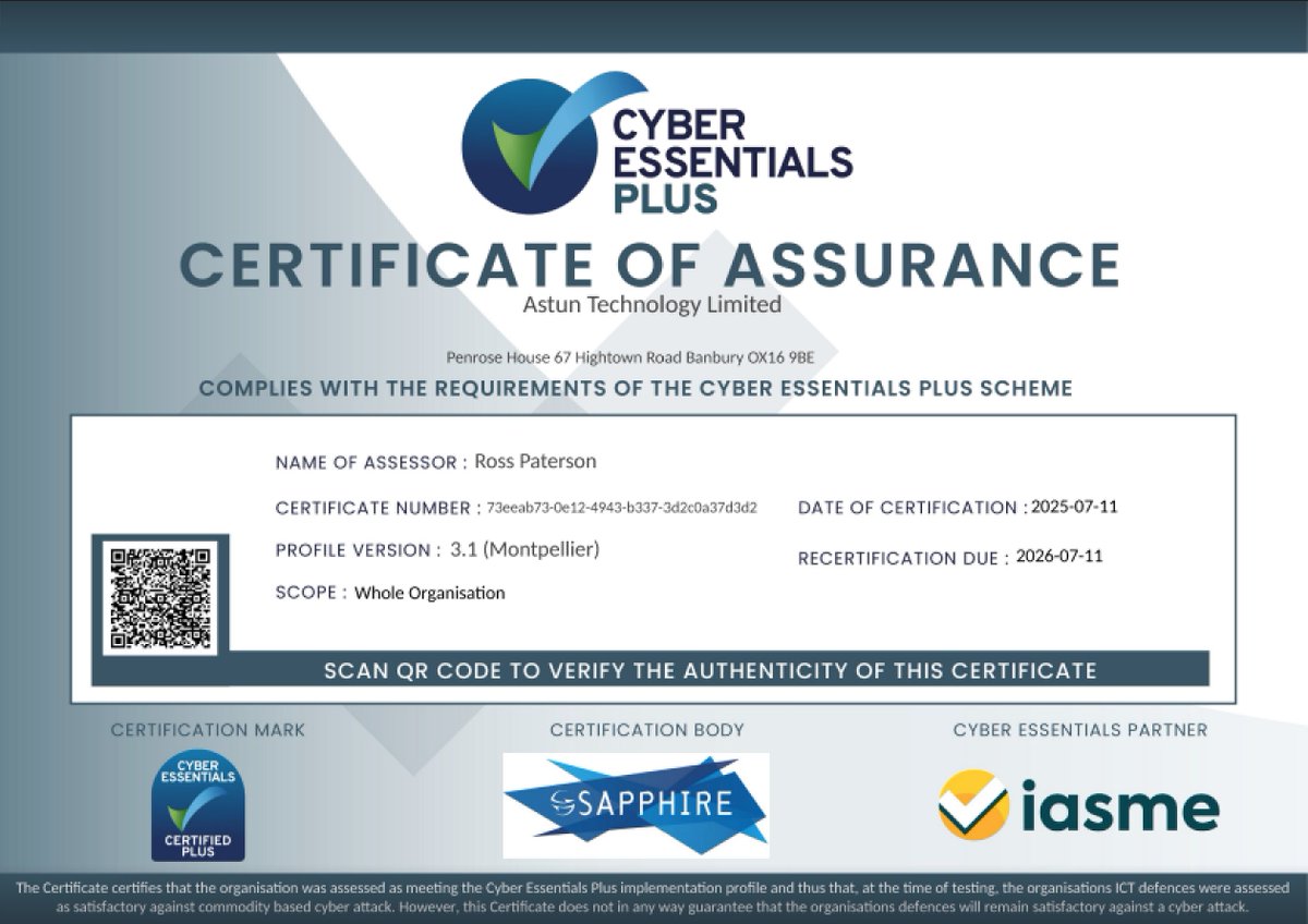 We did it! We’ve been recertified to #CyberEssentials and Cyber Essentials Plus!

Read our blog to find out why this is great news for our customers:
bit.ly/astunce25

A huge thank you to our team for making this possible.

<a href="/CyberEssentials/">Cyber Essentials</a>
<a href="/IASME1/">IASME</a>
#CyberSecurity
