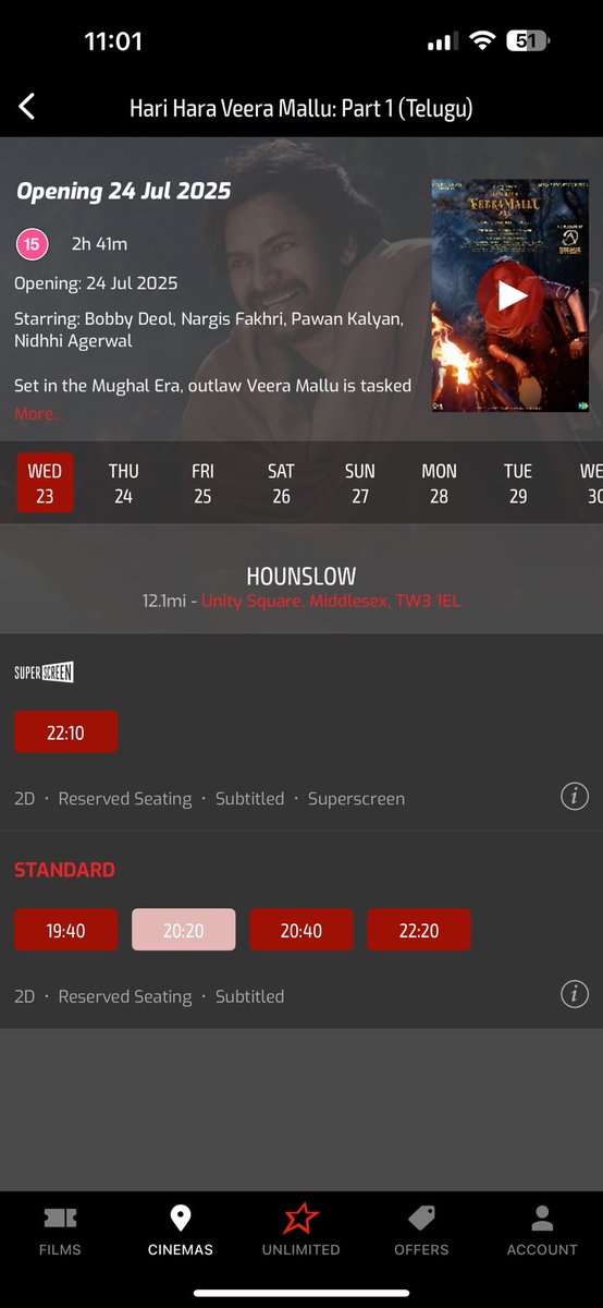 UKMegafans's tweet photo. London Gadda Kalyan Babu Addaa 
This is from Cineworld (chain theatres), Hounslow. Due to a significant delay in receiving the KDMs, the cinema didn’t open bookings until last night and in some places, listings are still not live.
 pure dominance ❤️‍🔥
#HHVM #HHVMBlazeFromJuly25 https://t.co/k0Ln3LLlS8