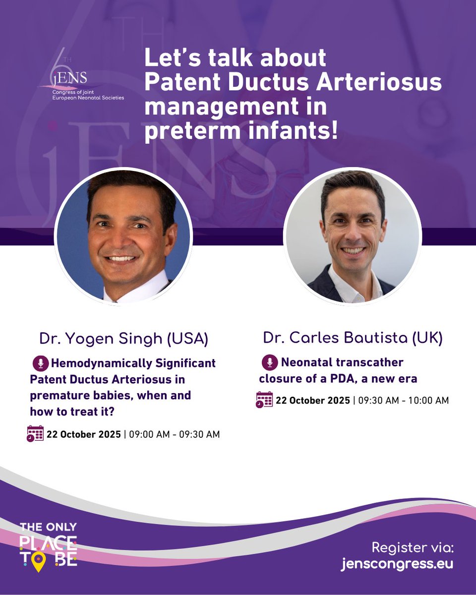 JENS_Congress's tweet image. Meet two of the speakers Dr. Yogen Singh (USA) and Dr. Carles Bautista (UK) who will share expert insights on the evolving management of Patent Ductus Arteriosus (#PDA) in preterm infants.
Register here👉: bit.ly/jENS-REGISTRAT…
@ESPR_ESN @gfcni_newborn