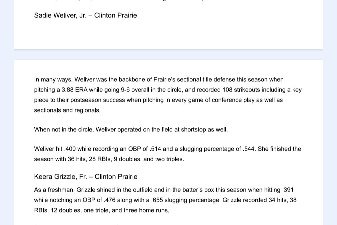 Found out today that I was named 1st team all County for softball, along side my fellow teammate Sadie! Also, congrats to my other teammates, Lily and Kadie on being named 2nd team!! <a href="/ExtraInningSB/">EXTRA INNING SOFTBALL</a> <a href="/LineDsoftball/">Line Drive Media</a>  <a href="/PrairieSoftball/">CP Softball</a>