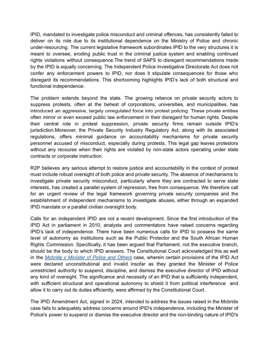 ProtestZa's tweet image. 📢 Statement Alert
 The Right2Protest Project calls for an Independent @RSA_IPID , a truly autonomous body capable of holding the South African security cluster  accountable without fear or favour.
Accountability cannot exist where oversight is compromised.

 #Right2Protest