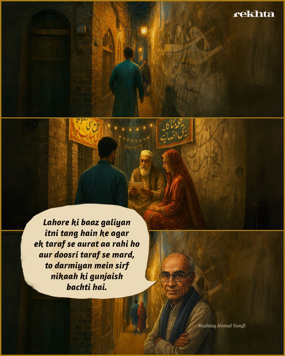 Rekhta's tweet image. Narrow lanes, broader families. 😉
#lahore #pun #mushtaqahmadyusufi #wit #humor #tanz #tanzomazah #rekhta #urdu #nikah