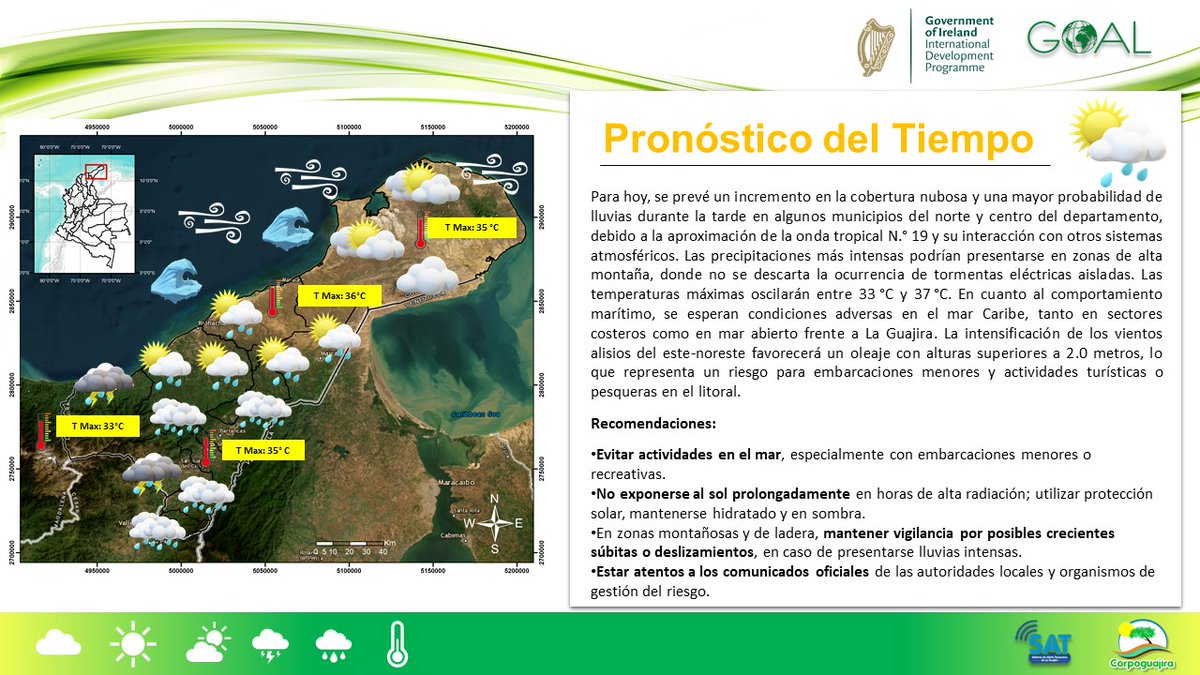CORPOGUAJIRA's tweet photo. EL PRONÓSTICO DEL TIEMPO SE LO INFORMA EL SISTEMA DE ALERTAS TEMPRANAS DE CORPOGUAJIRA

Para hoy, se prevé un incremento en la cobertura nubosa y una mayor probabilidad de lluvias durante la tarde en algunos municipios del norte y centro del departamento, debido 🧵 https://t.co/eTcc0GqgkW