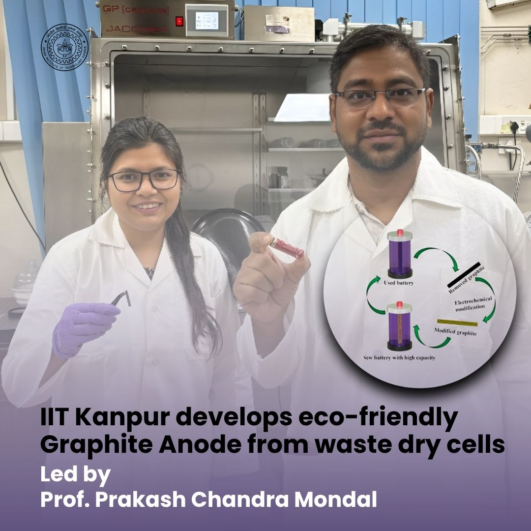 IIT Kanpur (@iitkanpur) on Twitter photo IIT Kanpur Develops Eco-Friendly Graphite Anode from Waste Dry Cells!
In a major breakthrough toward sustainable energy and circular economy goals,<a href="/IITKanpur/">IIT Kanpur</a> researchers have patented a novel method to convert discarded dry cell graphite rods into high-performance anodes for IIT Kanpur Develops Eco-Friendly Graphite Anode from Waste Dry Cells!
In a major breakthrough toward sustainable energy and circular economy goals,<a href="/IITKanpur/">IIT Kanpur</a> researchers have patented a novel method to convert discarded dry cell graphite rods into high-performance anodes for