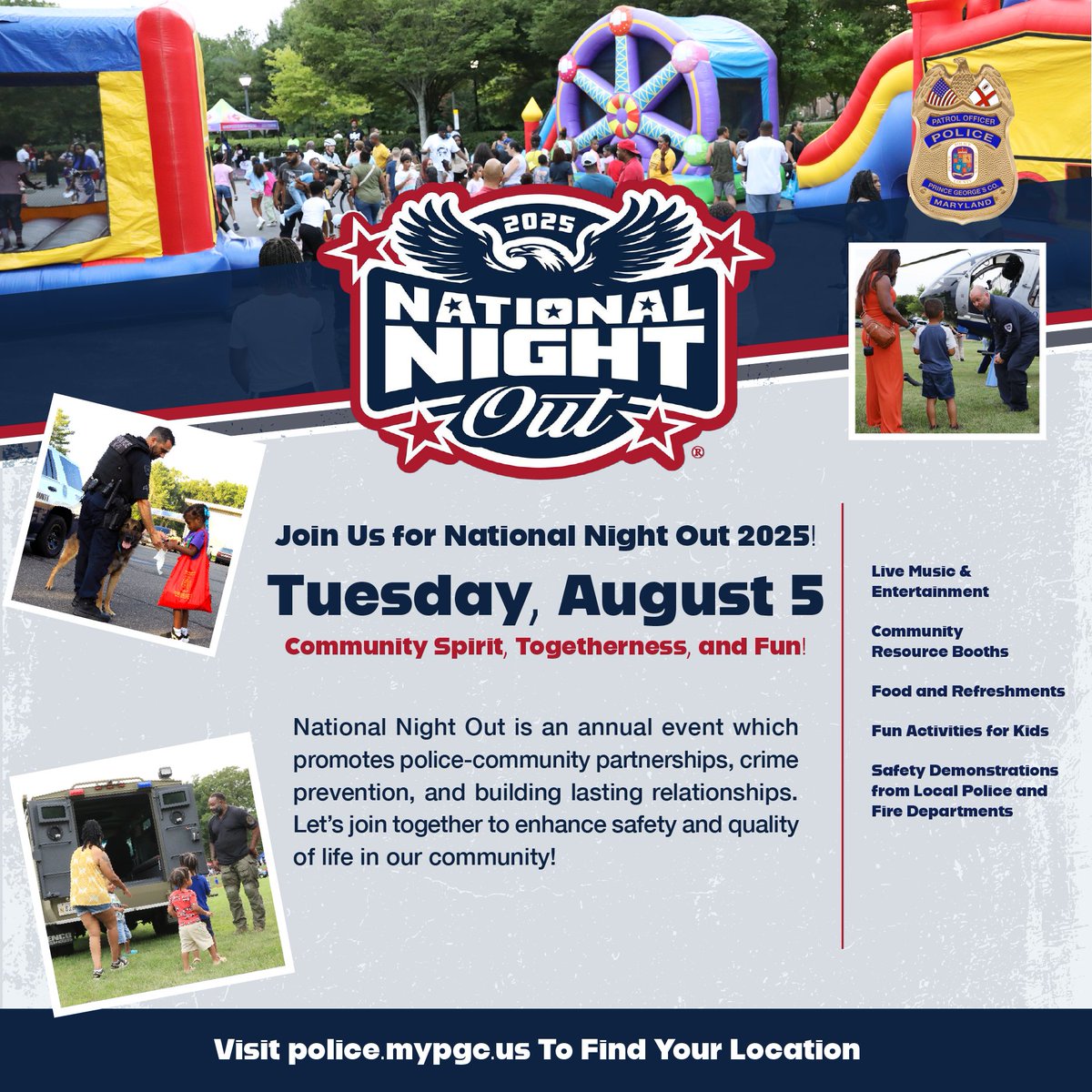 ✅Mark your calendars for National Night Out on Tuesday, August 5! Meet your neighbors and connect with our officers. Let’s build a safer, stronger community – together.

📌Find a location near you at police.mypgc.us.

#NationalNightOut #FirstToServe