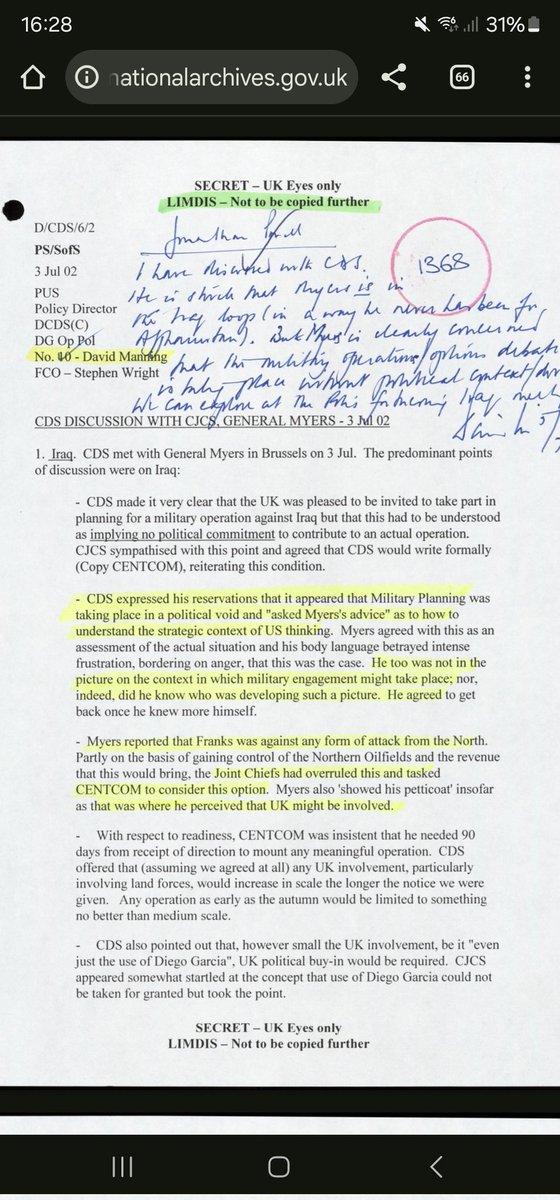 pinstripedline's tweet image. A new Archives release. Minute of 2002 meeting between CDS and Gen Myers (Joint Chiefs) discussing UK planning in invading Iraq, and revealing comments on scale of disagreement inside US military about the invasion plans.