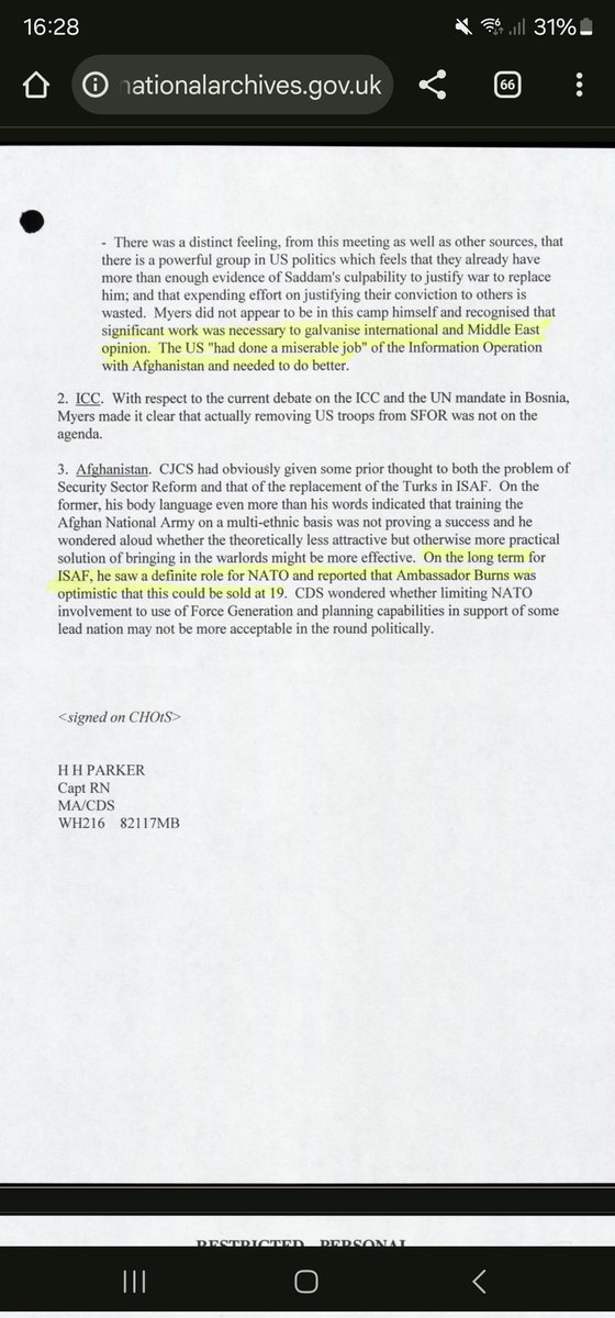 pinstripedline's tweet image. A new Archives release. Minute of 2002 meeting between CDS and Gen Myers (Joint Chiefs) discussing UK planning in invading Iraq, and revealing comments on scale of disagreement inside US military about the invasion plans.