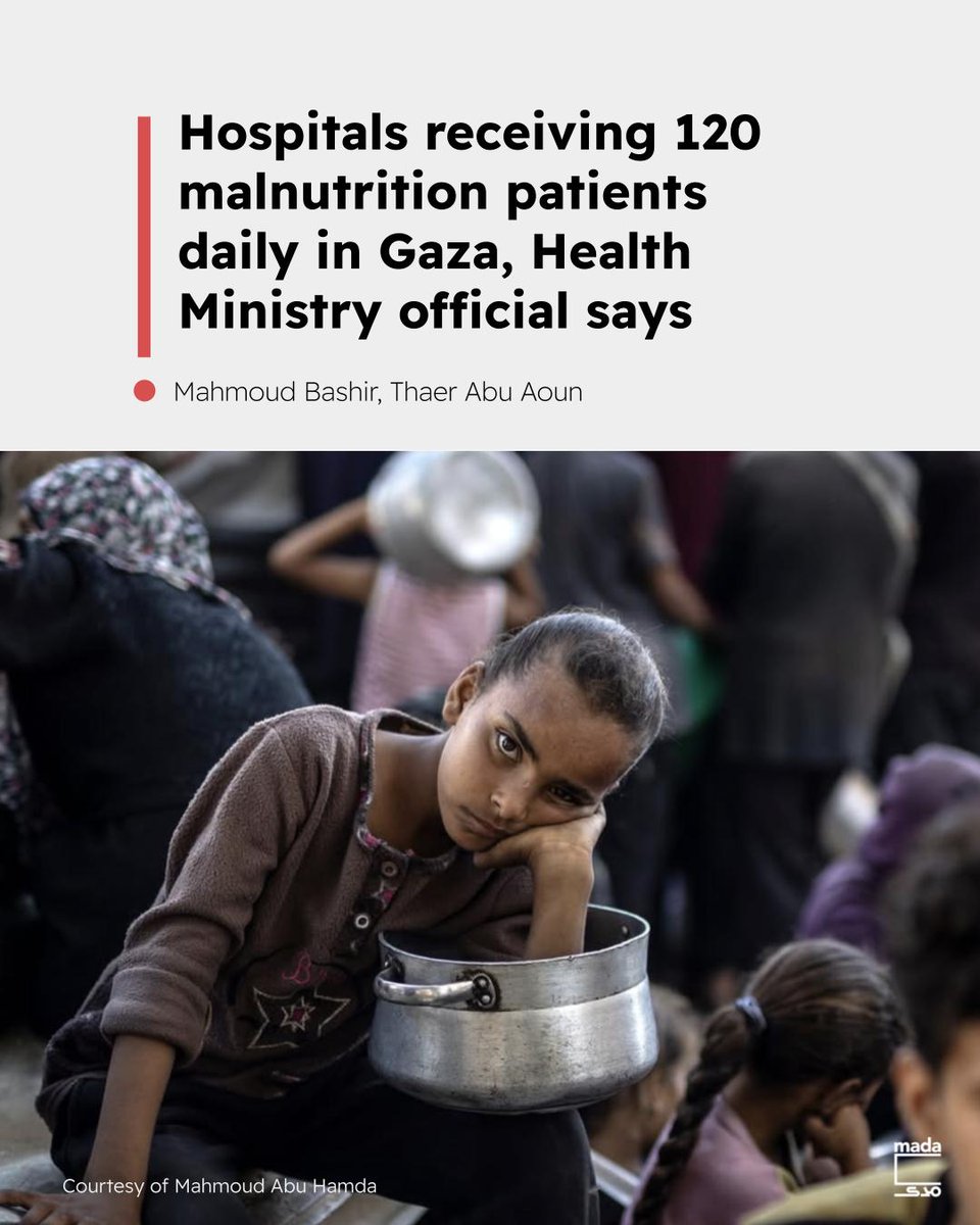 MadaMasr's tweet image. Around 120 patients suffering from malnutrition are reaching Gaza’s hospitals daily, Zaher al-Wahidy, director of the Health Ministry’s Health Information Unit in Gaza, told Mada Masr this week, noting that many of the cases are children under the age of five.
Eighteen deaths…