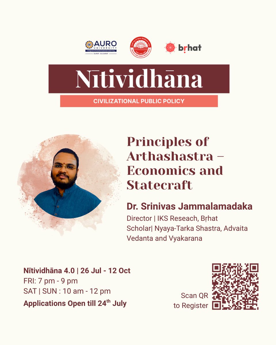 At Nītividhāna 4.0, we present sessions that ground civilizational thought in the realm of public policy.
Dr. Srinivas Jammalamadaka Ji, a scholar of Nyāya, Vedānta, and Vyākaraṇa, will explore “Principles of Arthashastra – Economics and Statecraft”, drawing from India’s