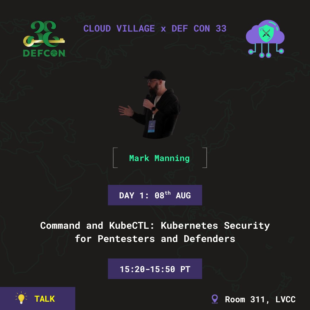 cloudvillage_dc's tweet image. 🎤 Excited to welcome @antitree to Cloud Village @DEFCON 33!
He’s presenting: “Command and KubeCTL: Kubernetes Security for Pentesters and Defenders” ☁️🔐
📍 Room 311, LVCC
🗓️ Aug 8 | 🕒 3:20–3:50 PM PT
🔗 cloud-village.org/dc33
#CloudVillage #DEFCON33 #HackerSummerCamp