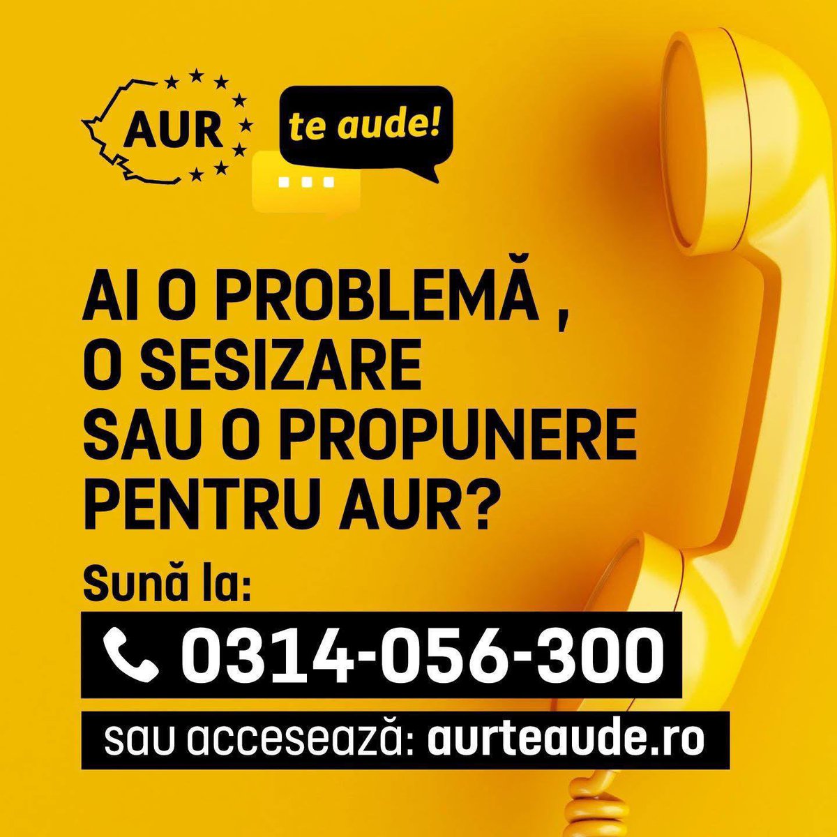 partidulAUR_RO's tweet image. Ne putem recâștiga Țara 🇷🇴 doar dacă ne recâștigăm vocea!
Dacă ai propuneri sau soluții pentru România, te-ai simțit nedreptățit sau pur și simplu nu știi cui să te adresezi într-o anumită situație, AUR te aude!
Sună la 0314.056.300 sau intră pe aurteaude.ro!