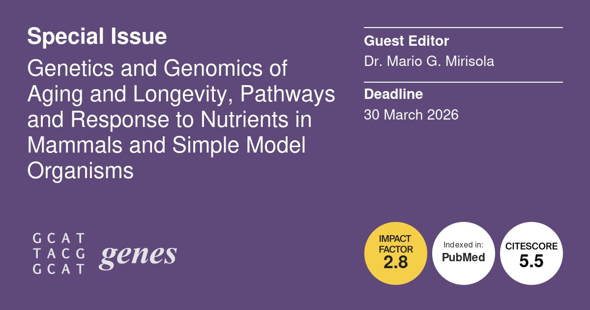 Genes_MDPI's tweet image. Dr. Mario G. Mirisola is leading the Special Issue: Genetics and Genomics of Aging and Longevity, Pathways and Response to Nutrients in Mammals and Simple Model Organisms
#Aging #Longevity #nutrigenomics #nutrigenetics
Submit your research at:
mdpi.com/journal/genes/…