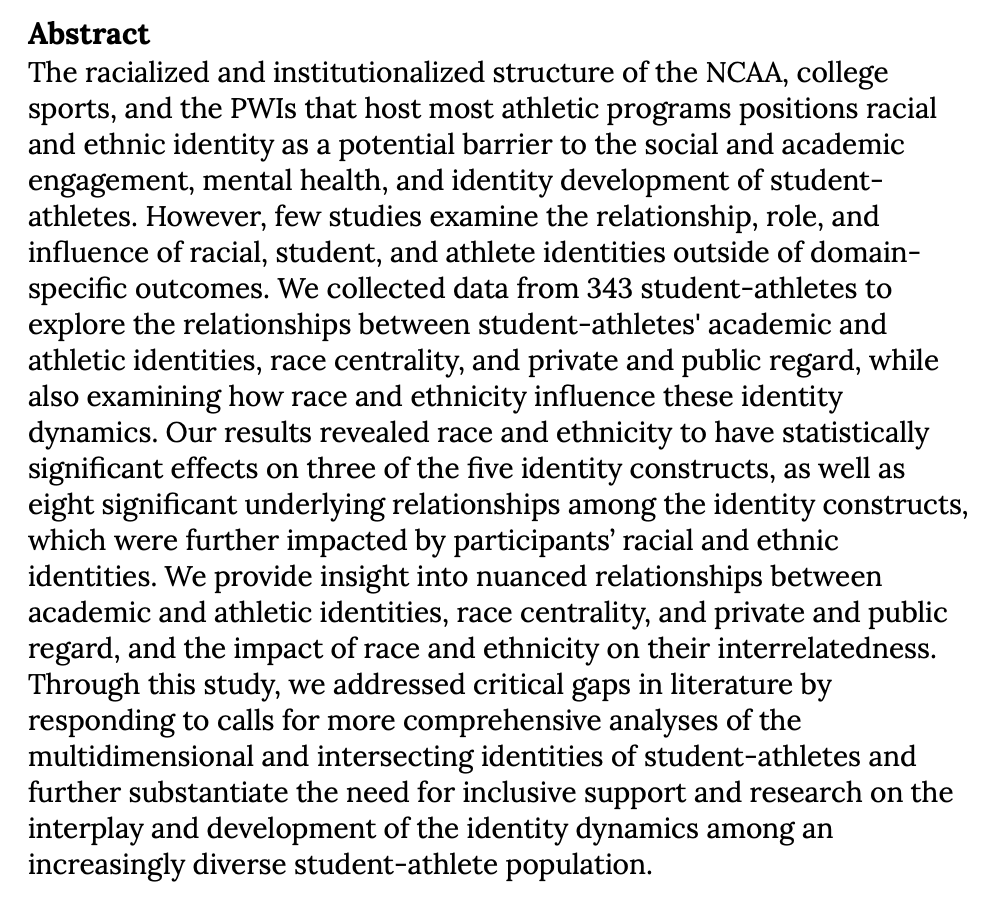 New article!

College Student-Athlete Identity Unveiled: The Interplay of Racial and Ethnic Subdimensions

Trevor Bopp
Rhema Fuller
Michael Stellefson

doi.org/10.51221/sc.ji…