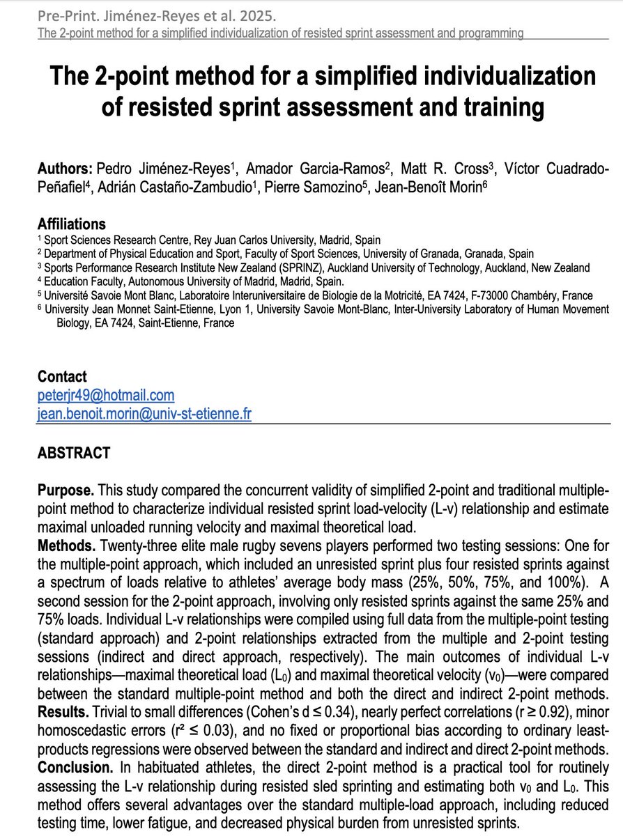 jb_morin's tweet image. 🚨NEW PRE-PRINT & BLOG POST🚨
Individual resisted sprint🏃♂️load-velocity relationship
We address 2 🔑practical problems🧐
📈Entire load-velocity profile w/ only 2 sprints✅
🚀Vmax estimation without a top speed trial✅
jbmorin.net/2025/07/21/the…
Read📄share🔄send us feedback🎯🤝!