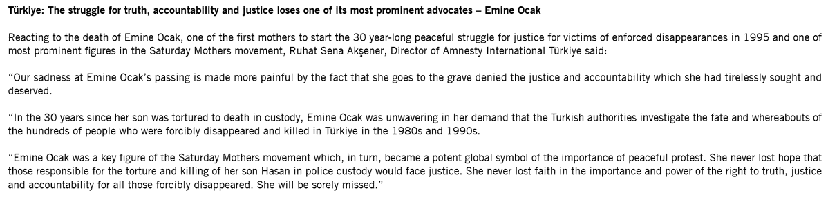 StefSimanowitz's tweet image. “Our sadness at Emine Ocak’s passing is made more painful by the fact that she goes to the grave denied the justice & accountability which she had tirelessly sought & deserved" @amnesty / @aforgutu reaction to the death of a key figure in the #SaturdayMothers movement
#Turkey