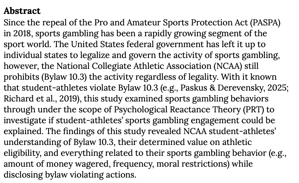 New article!

NCAA Student-Athletes' Sports Gambling Behaviors Examined Using Psychological Reactance Theory

Braden E. Norris
Paul M. Pedersen

doi.org/10.51221/sc.ji…