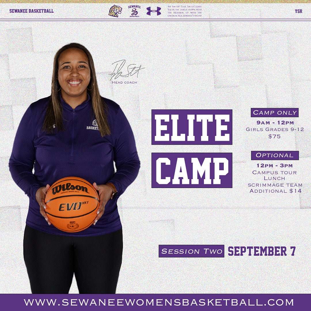 SewaneeWBB's tweet image. Elite Camp Session II • Sunday, September 7
Come just for camp or stay for lunch, a campus tour, and scrimmage! We’re looking for future Tigers!
Register ⬇️
SewaneeWomensBasketball.Com