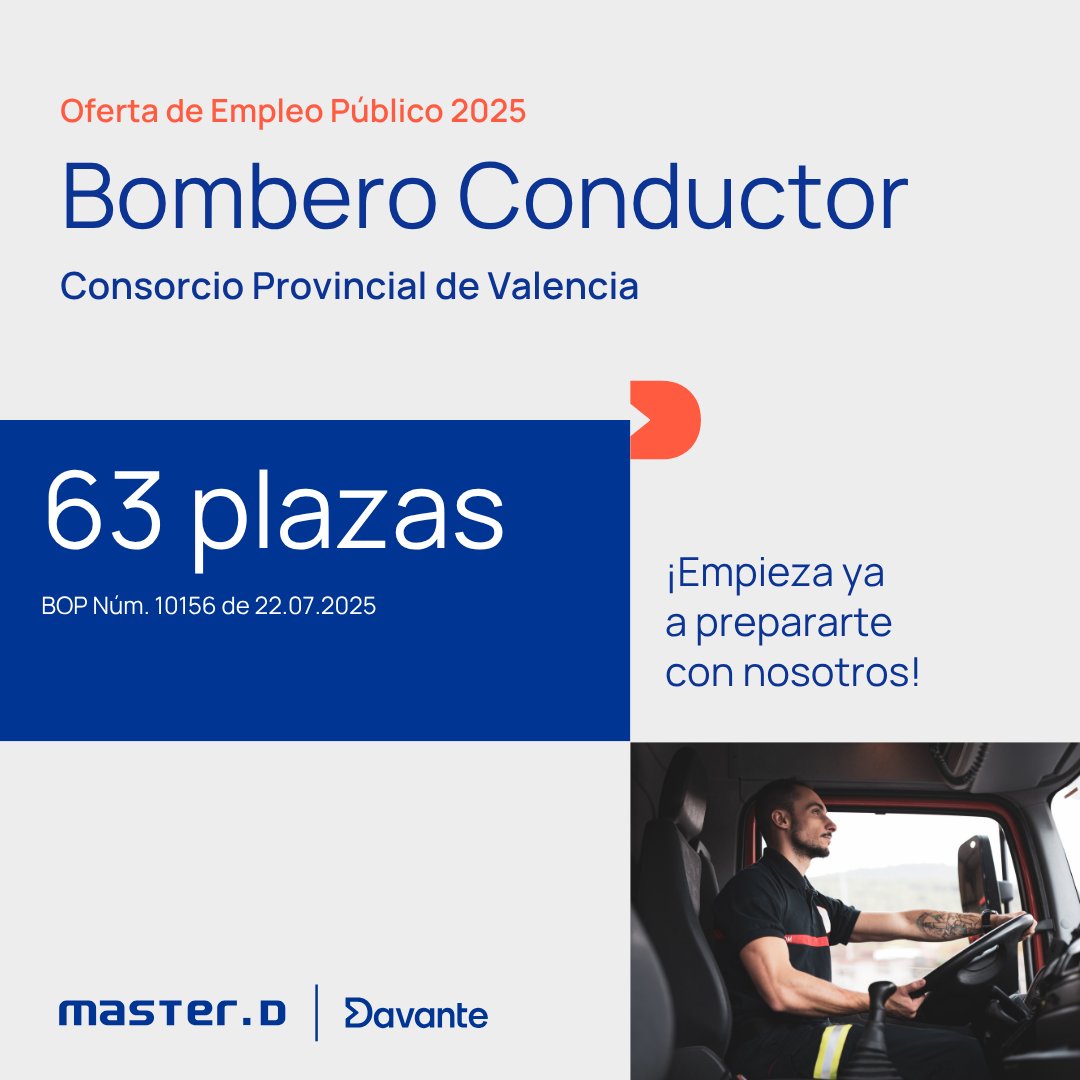 👉 El Consorcio Provincial de Valencia oferta 63 plazas de Bombero Conductor 

¿Quieres una de ellas?

💪 Prepárate desde ya con Davante y marca la diferencia.

masterd.es/oposiciones-bo…

#oposicionesbombero #serbombero #oposicionesValencia