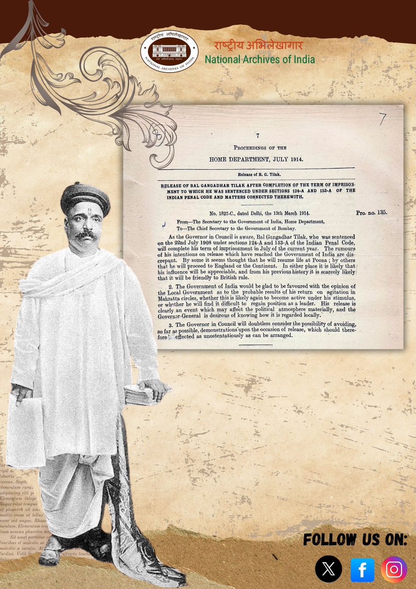 IN_Archives's tweet image. On Bal Gangadhar Tilak's birth anniversary, who is known as a 'Lokmanya'. #NAI presents a 1914 letter reflecting colonial unease over his release.
He declared, “Swaraj is my birthright…” and united people through culture and resistance.
-Home, Pol., A, July 1914, Fn. 135–138